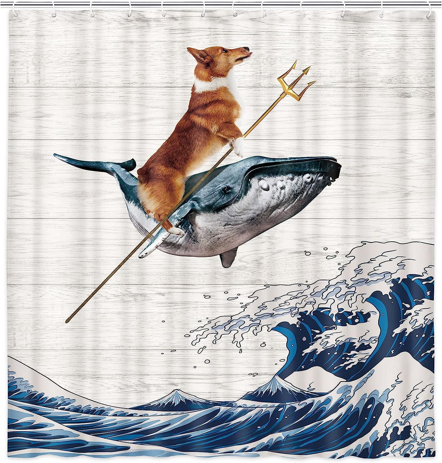Joocar Funny Dog Fabric Shower Curtain, Cute Corgi Dog Rides A Whale Bathroom Shower Curtain Sets Ocean Wave Bath Curtain with Hooks 72x72inch, Size