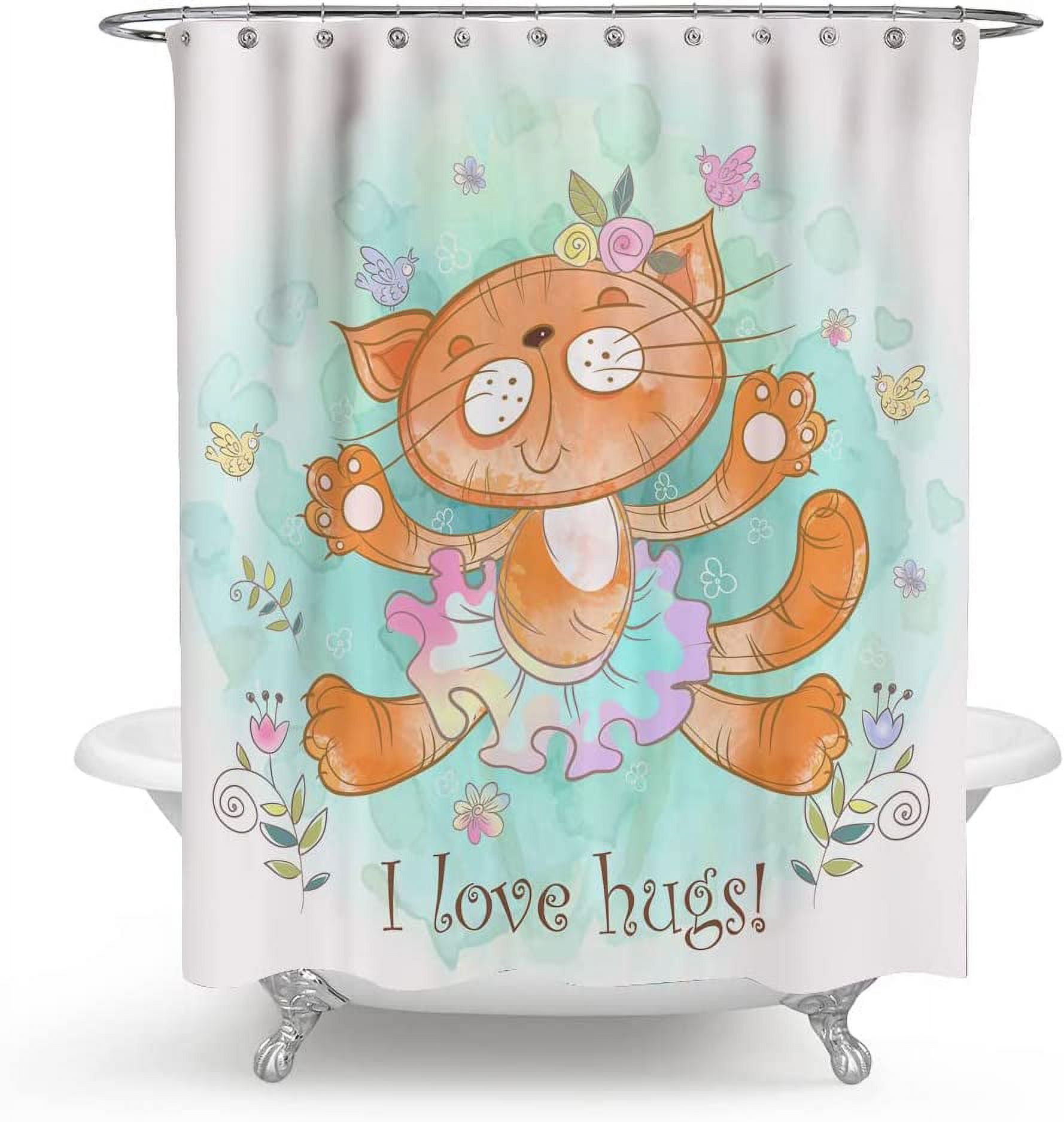 JOOCAR Funny Kitty 72X72 Inches,Cute Cat Kitten Quote I Love hugs Polyester Fabric Shower