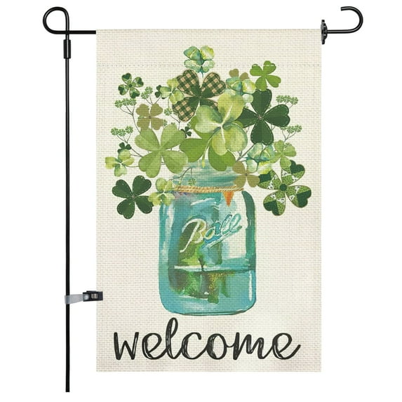 JOOCAR Garden Flag, Clover in Vase 12x18 Inch Double Sided Garden Flag for St. Patrick's Day Outdoor Garden Festival Yard Decoration