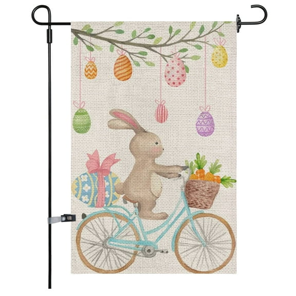 JOOCAR Garden Flag, Rabbit on Bike 12x18 Inch Reversible Garden Flag for Easter Outdoor Garden Holiday Yard Decoration