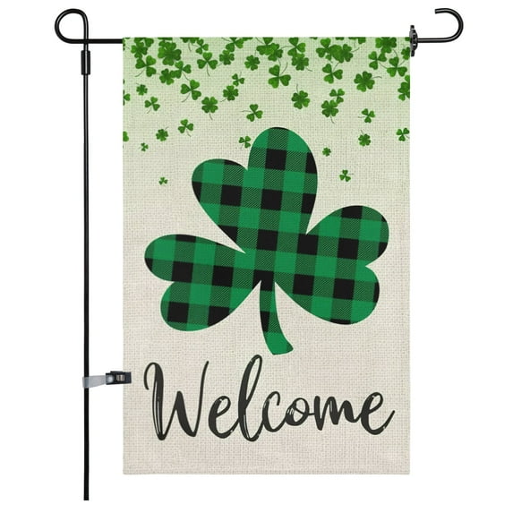 JOOCAR Garden Flags, Green and Black Buffalo Plaid Clover Small Clover 12x18 Inches Double Sided Garden Flags for St. Patrick's Day Outdoor Garden Festival Yard Decoration