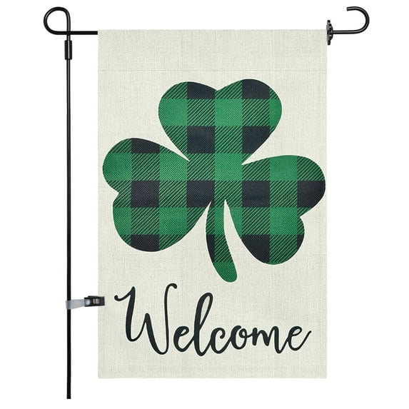 JOOCAR Garden Flags, Green and Black Buffalo Plaid Clover Welcome 12x18 Inches Reversible Garden Flags for St. Patrick's Day Outdoor Garden Holiday Yard Decoration