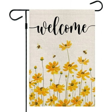 JOOCAR Garden Flags, Spring Orange Small Flowers Bee Welcome 12x18 Inch Reversible Garden Flags for Outdoor Garden Festival Yard Decoration