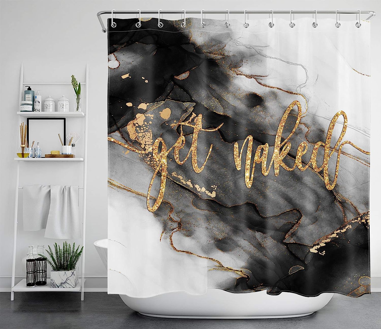 JOOCAR Get Naked Marble Shower Curtain,Black and Gold Marble Texture Shower Curtains for