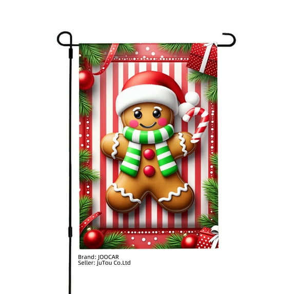 JOOCAR Gingerbread Man Christmas Garden Flag with Santa Hat and Candy Cane for Winter Christmas Home Outdoor Garden Yard Door Decor 12x18 inch