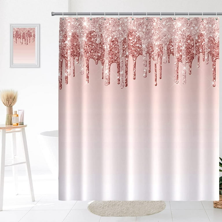 JOOCAR Gradient Rose Gold Shower Curtain,Pink Glitter Drips (Without  Sequins) Shower Curtain Bathroom Decor for Women Girl Washable Polyester  Fabric with 12 Hooks 72x72 Inches 