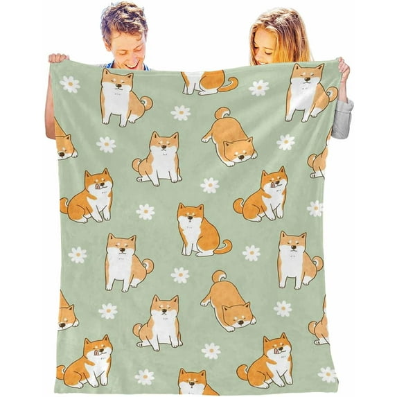 JOOCAR Green Adults and children Cartoon Shiba Inu Dog and Flower Blanket 50" x 60"