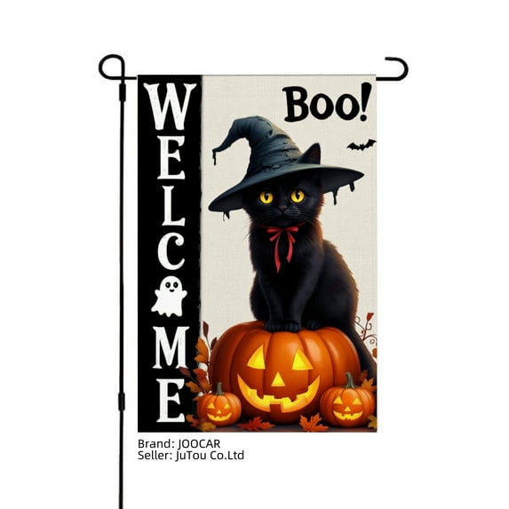 JOOCAR Halloween Black Cat Pumpkin Boo Welcome Linen Garden Flag for Fall Autumn Home Outdoor Garden Yard Door Decor 12x18 inch