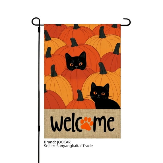 JOOCAR Halloween Black Cats Pumpkins Linen Garden Flag Welcome Sign for Fall Autumn Home Outdoor Garden Yard Door Decor 12x18 inch