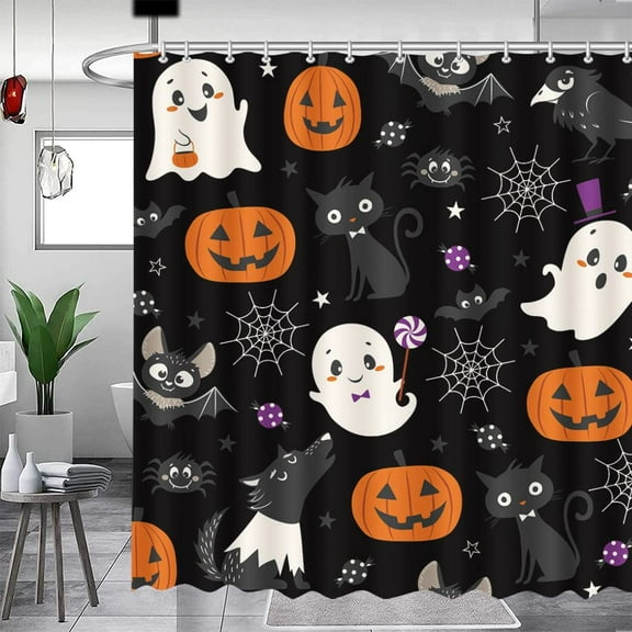JOOCAR Halloween Boo Shower Curtain Halloween Bathroom Curtain Skull Bat Spider Bathtubs Decor Washable Durable Polyester Fabric Bathroom Curtains 72x72 in