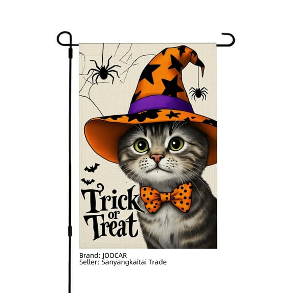 JOOCAR Halloween Cat in Witch Hat Trick or Treat Linen Garden Flag for Fall Autumn Home Outdoor Garden Yard Door Decor 12x18 inch