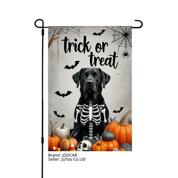 JOOCAR Halloween Trick or Treat Black Dog Skeleton Pumpkin Linen Garden Flag for Fall Autumn Home Outdoor Garden Yard Door Decor 12x18 inch