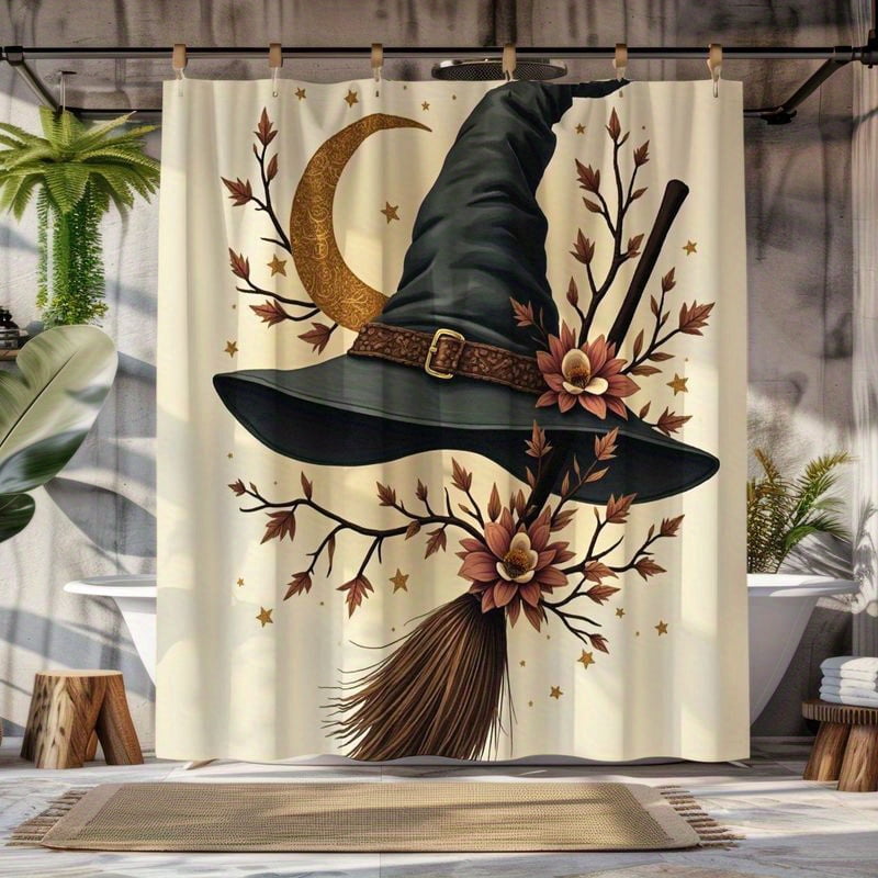 JOOCAR Halloween Witch Hat with Moon and Flowers Polyester Shower Curtain for Home Bathroom Bath Tub Decoration 72x72 inch