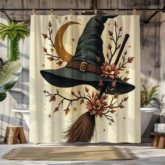 JOOCAR Halloween Witch Hat with Moon and Flowers Polyester Shower Curtain for Home Bathroom Bath Tub Decoration 72x72 inch