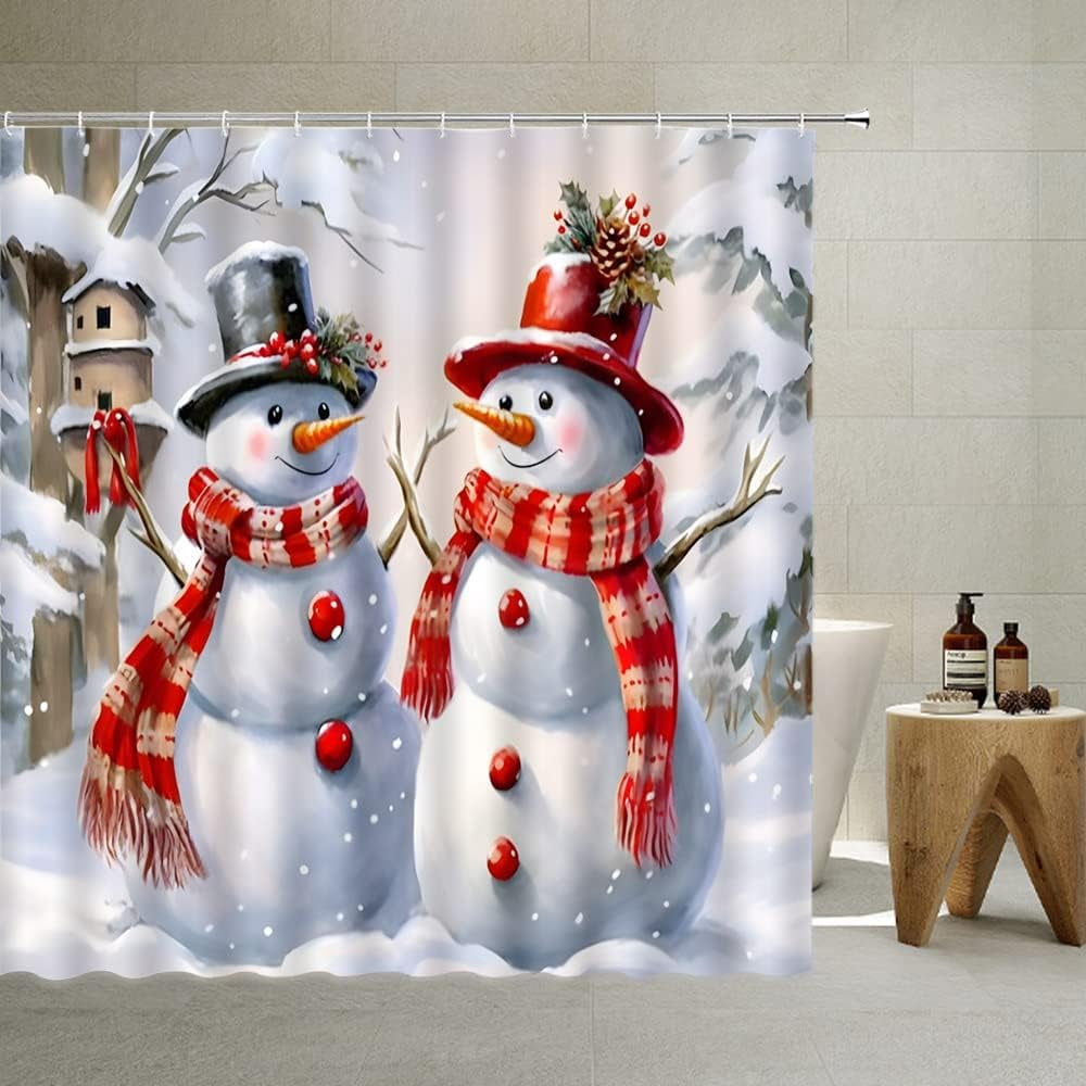 JOOCAR Happy Christmas Snowman Shower Curtain Winter Holiday Farmhouse