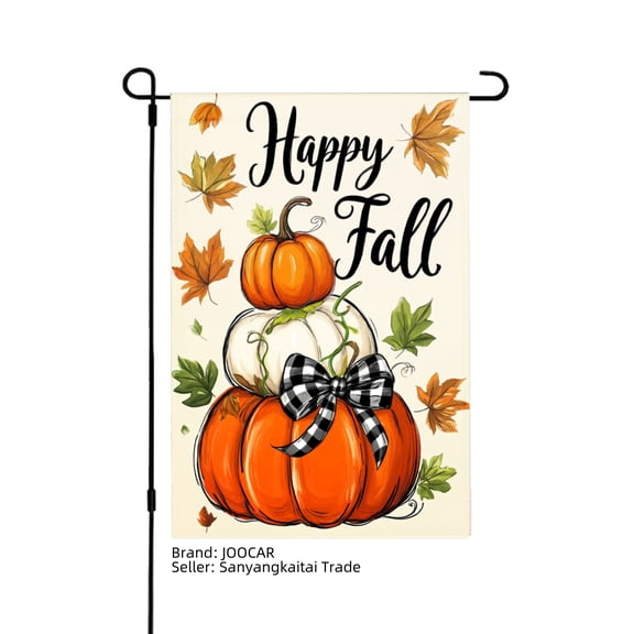 JOOCAR Happy Fall Pumpkin Garden Flag with Autumn Leaves and Bow for Fall Autumn Home Outdoor Garden Yard Door Decor 12x18 inch