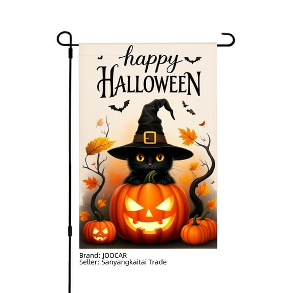JOOCAR Happy Halloween Black Cat Witch Hat Pumpkin Garden Flag for Fall Autumn Home Outdoor Garden Yard Door Decor 12x18 inch