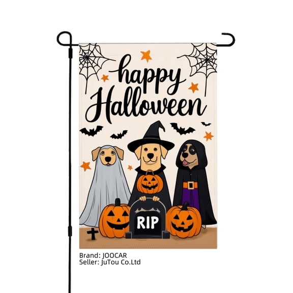 JOOCAR Happy Halloween Linen Garden Flag with Cute Dogs in Ghost Witch and Pumpkin Costumes for Fall Autumn Home Outdoor Garden Yard Door Decor 12x18 inch