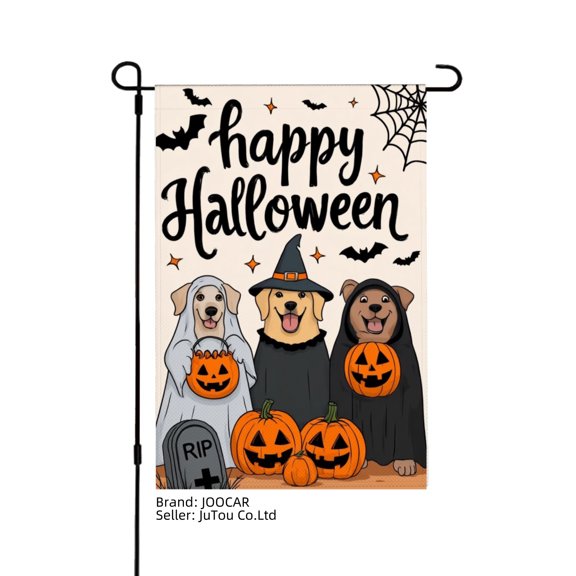 JOOCAR Happy Halloween Linen Garden Flag with Cute Dogs in Costumes for Fall Autumn Home Outdoor Garden Yard Door Decor 12x18 inch