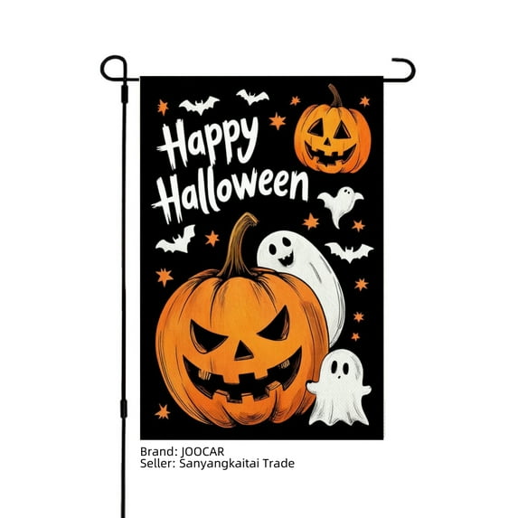 JOOCAR Happy Halloween Linen Garden Flag with Pumpkin Ghosts Bats for Fall Autumn Home Outdoor Garden Yard Door Decor 12x18 inch