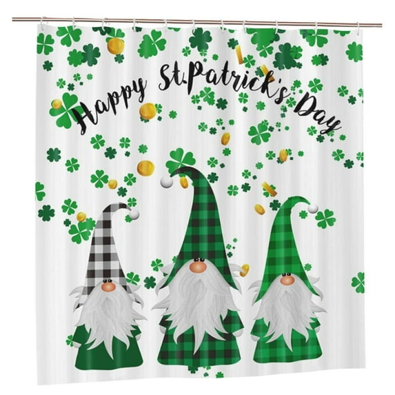 JOOCAR Happy St. Patrick's Day Shower Curtain, Green Clover Shamrock Leaf Irish Gnome Elf Design, Buffalo Check Plaid Decor Cloth Fabric Bathroom Curtains with Hooks Set 72 x 72 Inch