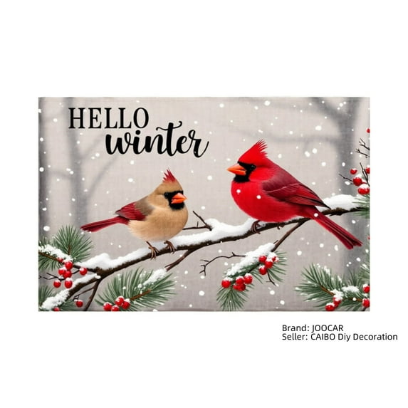 JOOCAR Hello Winter Cardinal Birds Snowy Branches Linen Table Mats Set of 4 for Home Kitchen Table Decor 12x18 inch