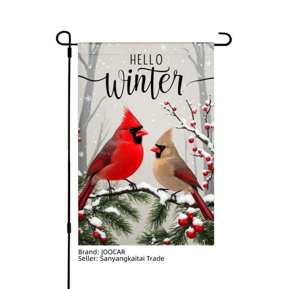 JOOCAR Hello Winter Cardinal Birds on Snowy Branches Linen Garden Flag for Winter Christmas Home Outdoor Garden Yard Door Decor 12x18 inch