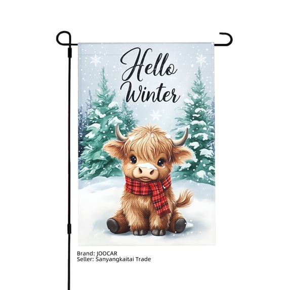 JOOCAR Hello Winter Cute Bull with Red Scarf Garden Flag for Winter Christmas Home Outdoor Garden Yard Door Decor 12x18 inch