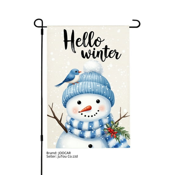 JOOCAR Hello Winter Snowman Garden Flag with Blue Bird and Holly for Winter Christmas Home Outdoor Garden Yard Door Decor 12x18 inch