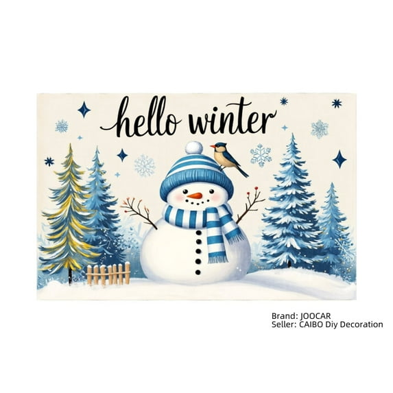 JOOCAR Hello Winter Snowman and Pine Trees Design Linen Table Mats Set of 4 for Home Kitchen Table Decor 12x18 inch