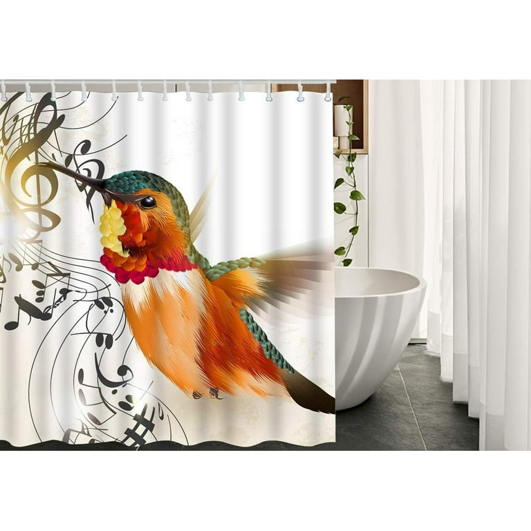 JOOCAR Hummingbird and Notes Shower Curtain with Hooks Colorful Lovely Bird  Elegant Romantic Music Notes Fabric Shower Curtain Decorative 72x72 Inch