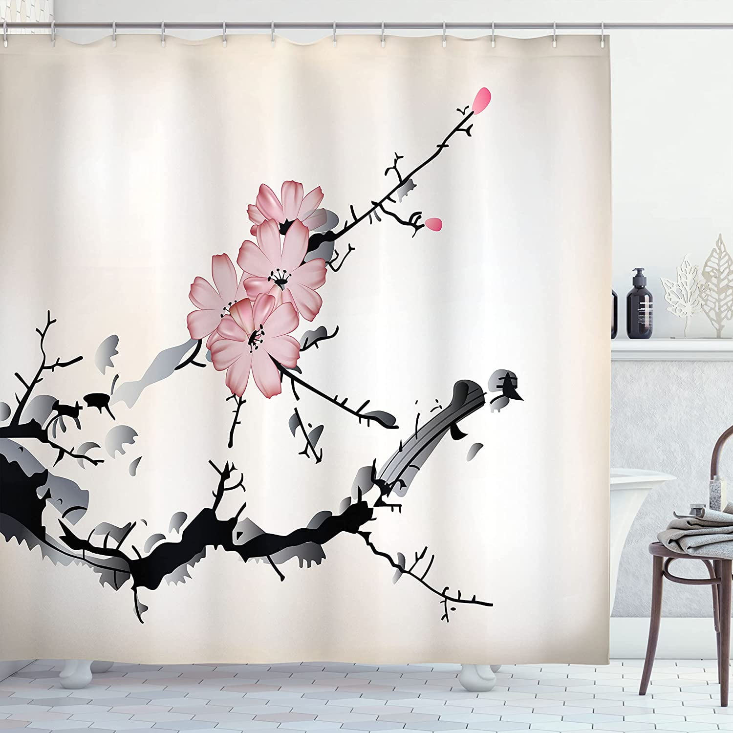 JOOCAR Japanese Shower Curtain, Watercolors Illustration Traditional