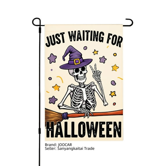 JOOCAR Just Waiting for Halloween Skeleton Witch Garden Flag for Fall Autumn Home Outdoor Garden Yard Door Decor 12x18 inch