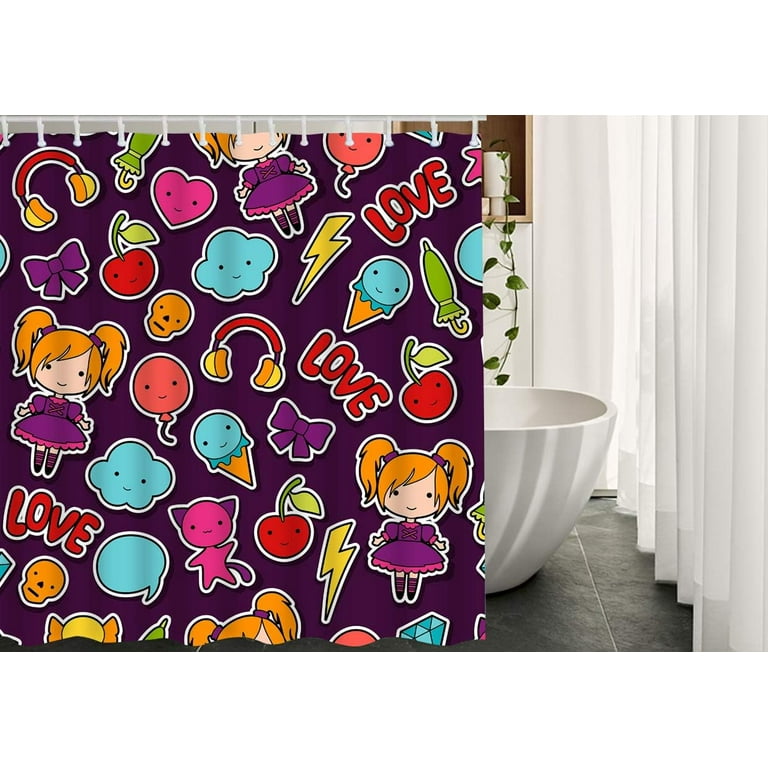 JOOCAR Kawaii Cute Doodle Shower Curtain with Hooks Bow Cartoon
