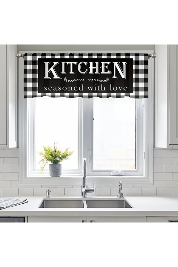 Kitchen Seasoned with Love Checkered Window Valance Curtain for Indoor Living Room Bedroom Kitchen Decoration 54x18 inch