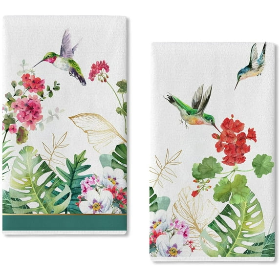 JOOCAR Kitchen Towels, Spring Green Plants Hummingbird Geranium Flowers 16x27.5 Inches Kitchen Towels for Kitchen Decor Housewarming Gift Towels Set of 2