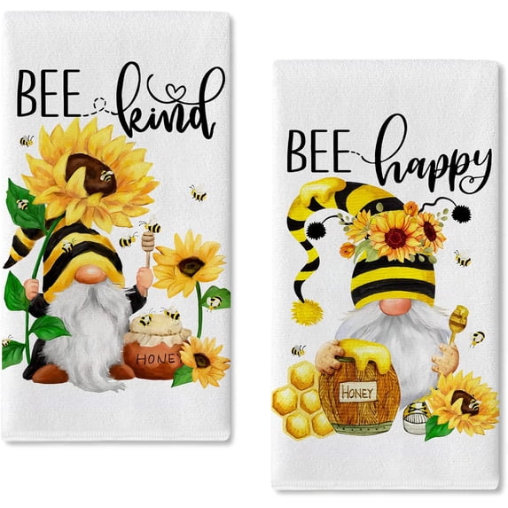 JOOCAR Kitchen Towels, Yellow Gnome Little Bee Honey Jar Inspirational Quotes Sunflower 16x27.5 Inches Kitchen Towels for Kitchen Decor Housewarming Gift Towels Set of 2