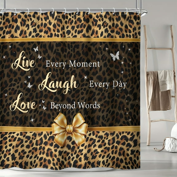 JOOCAR Leopard Print Shower Curtain with Live Every Moment, Laugh Every Day, Love Beyond Words Gold Text and Bow Design for Home Bathroom Bath Tub Decoration 72x72 inch