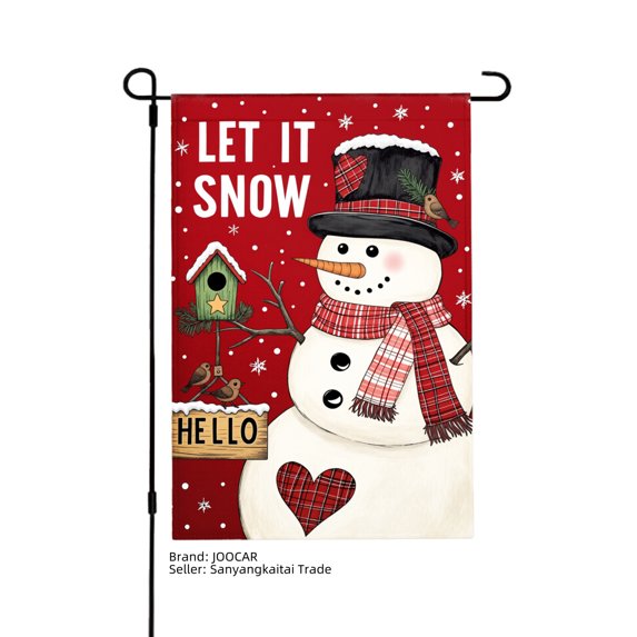JOOCAR Let It Snow Snowman Garden Flag with Plaid Scarf and Birdhouse for Winter Christmas Home Outdoor Garden Yard Door Decor 12x18 inch