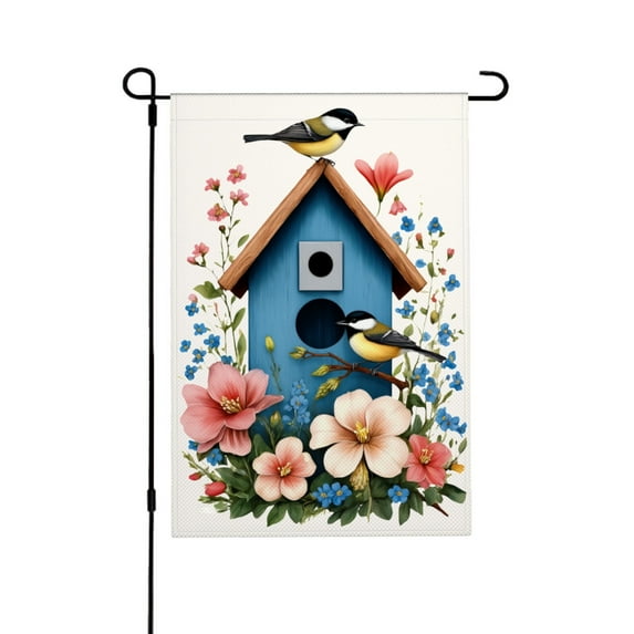JOOCAR Linen Garden Flag with Birdhouse and Flowers for Spring Summer Home Outdoor Garden Yard Door Decor 12x18 inch
