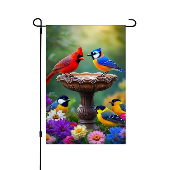 JOOCAR Linen Garden Flag with Birds on Birdbath for Spring Summer Home Outdoor Garden Yard Door Decor 12x18 inch