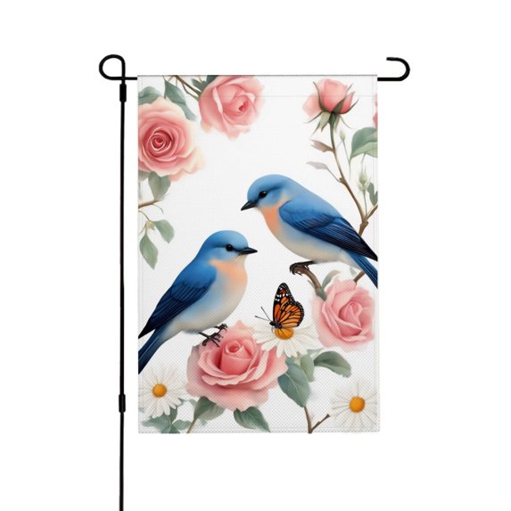 JOOCAR Linen Garden Flag with Bluebirds and Pink Roses for Spring Summer Home Outdoor Garden Yard Door Decor 12x18 inch