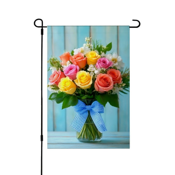 JOOCAR Linen Garden Flag with Bouquet of Roses for Spring Summer Home Outdoor Garden Yard Door Decor 12x18 inch