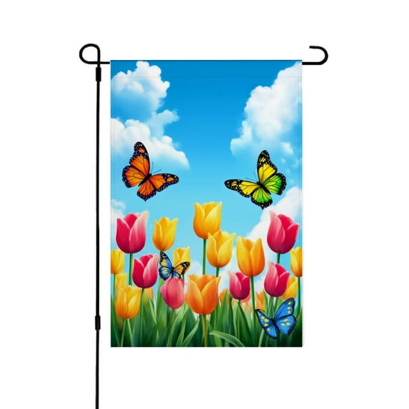 JOOCAR Linen Garden Flag with Butterflies and Tulips for Spring Summer Home Outdoor Garden Yard Door Decor 12x18 inch