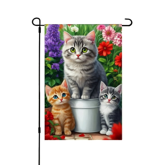 JOOCAR Linen Garden Flag with Cats in a Bucket for Spring Summer Home Outdoor Garden Yard Door Decor 12x18 inch