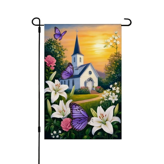JOOCAR Linen Garden Flag with Church and Butterflies for Spring Summer Home Outdoor Garden Yard Door Decor 12x18 inch