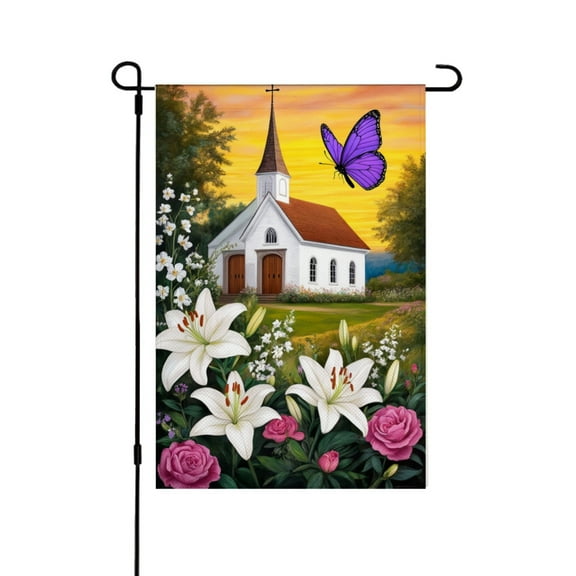 JOOCAR Linen Garden Flag with Church and Butterfly Design for Spring Summer Home Outdoor Garden Yard Door Decor 12x18 inch