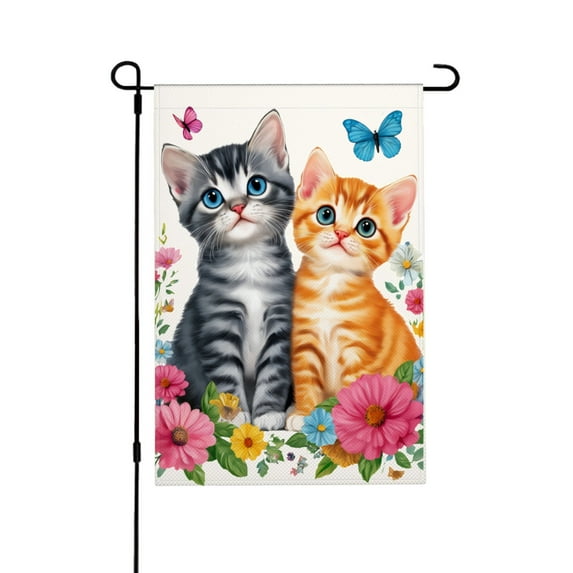 JOOCAR Linen Garden Flag with Cute Kittens and Butterflies for Spring Summer Home Outdoor Garden Yard Door Decor 12x18 inch