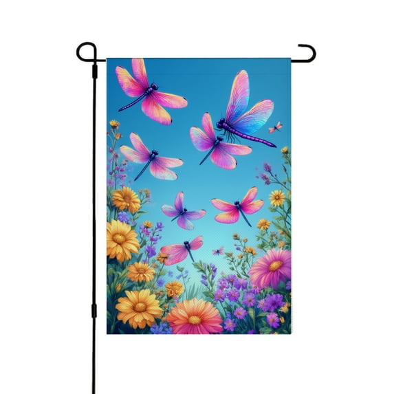 JOOCAR Linen Garden Flag with Dragonflies and Flowers for Spring Summer Home Outdoor Garden Yard Door Decor 12x18 inch