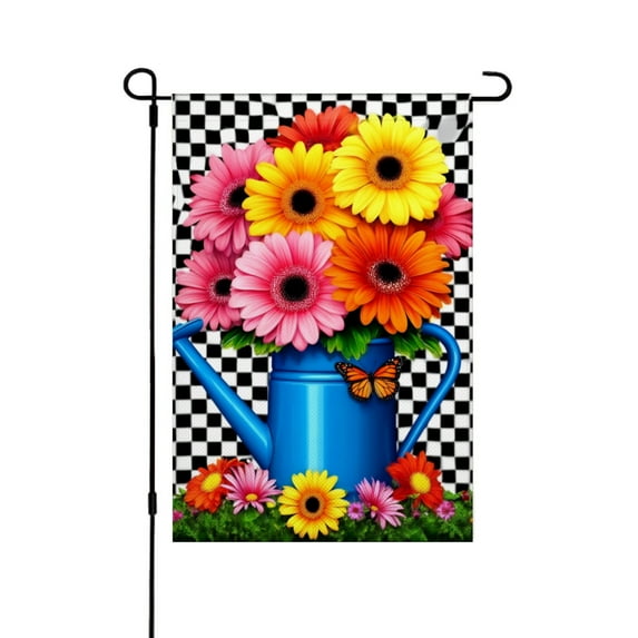 JOOCAR Linen Garden Flag with Gerbera Daisies in Blue Watering Can for Spring Summer Home Outdoor Garden Yard Door Decor 12x18 inch